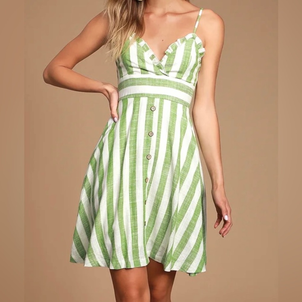 Lulus Linnea Green & White Striped Ruffled Linen Blend Summer Sundress